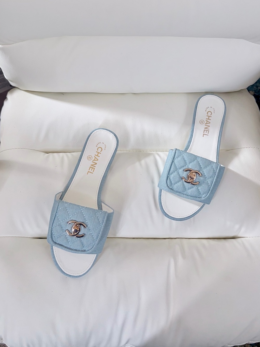 CHANEL Powder Blue Quilted Slide Mules with Gold CC Emblem - Size 38 - Picture 2 of 6